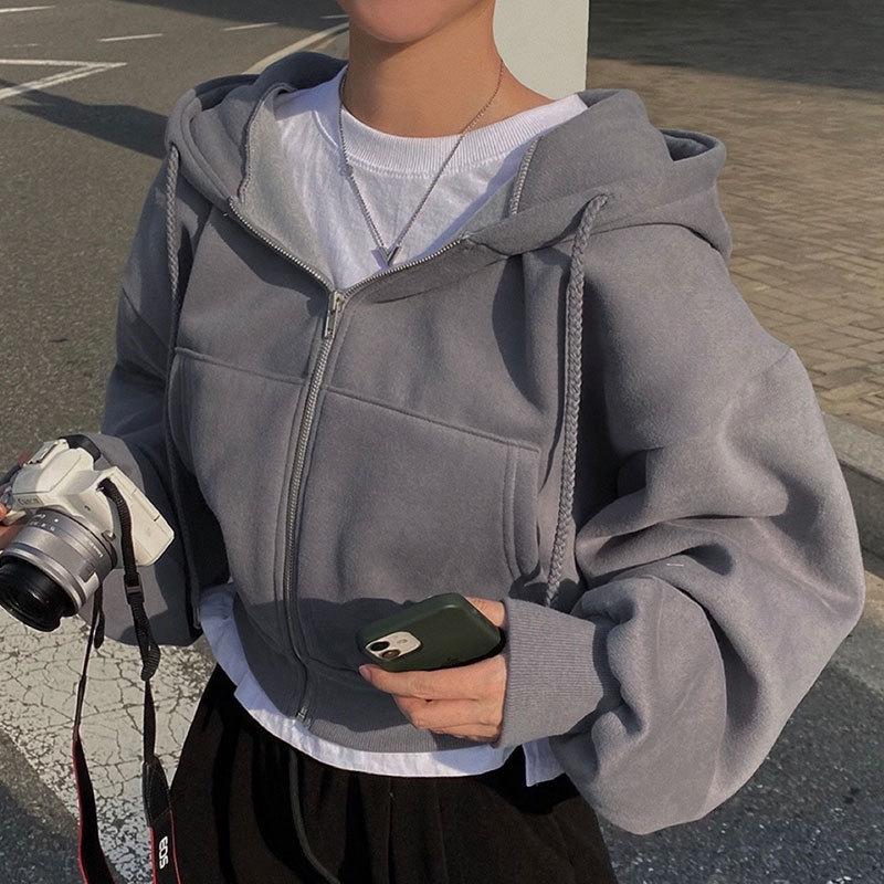 Women Hoodies Jacket Autumn Vintage Solid Color Zip Up Oversized Sweatshirts Harajuku Korean Version Long Sleeve Hooded Jackets Coat