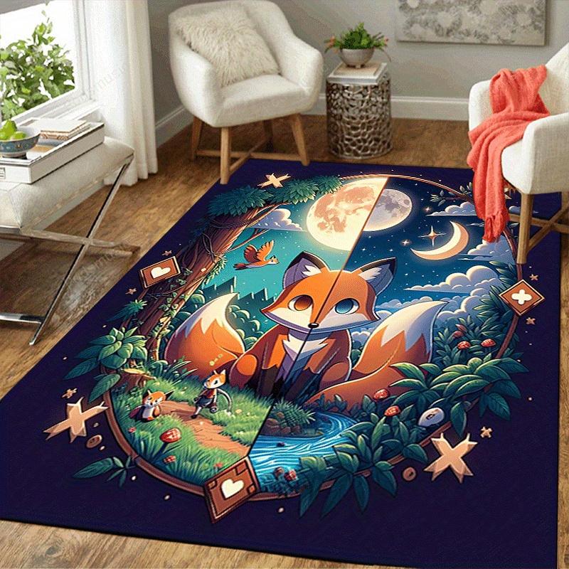 1pc Day and Night Fox Design Area Rug - Soft, Anti-Slip, and Durable Gaming Room Decor for Bedroom