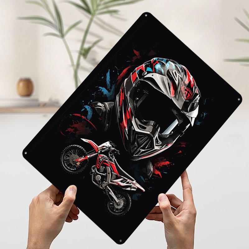 Motocross Rider Helmet Printed Poster Customized Wall Art Retro Vintage Metal Tin Signs for Home Living Room Decorations House