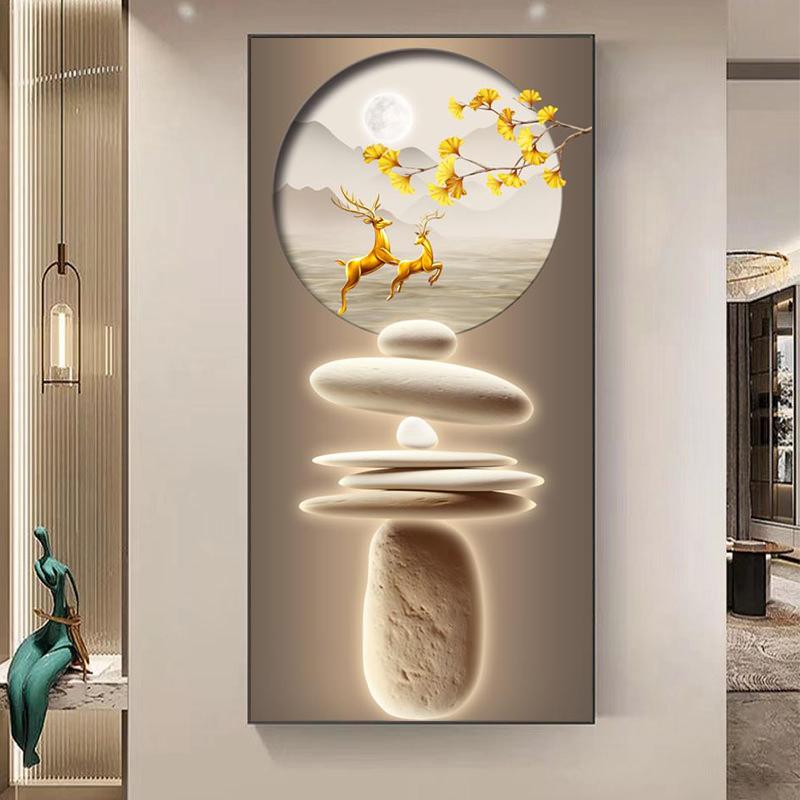 Китайский стиль Дзен-камень Золотой олень Картина на холсте Настенное искусство Богатые постеры с деревьями Фэншуй Настенное искусство для крыльца Декор стены Без рамки