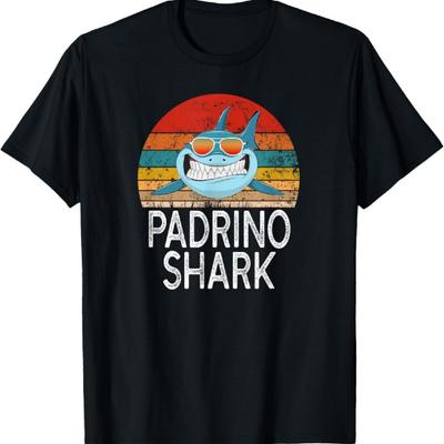 Padrino Shark Смешная испанская футболка для крестного отца в винтажном стиле