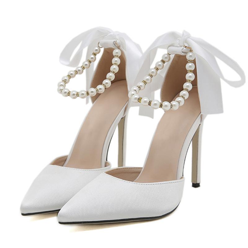 Liyke Модные белые туфли-лодочки с ремешком на щиколотке, украшенные бусинами, женские сексуальные босоножки на шпильках с острым носком, женские туфли на шнуровке с бантом на высоком каблуке