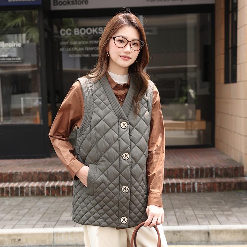 Autumn and winter new women's fashion medium and long V neckline cotton vest, foreign style down cotton vest