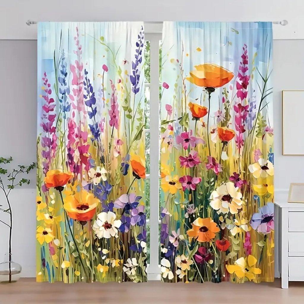 2pcs Vintage Sunflower Print Curtain Digital Printing Living Room Curtains, Grommet Top Rod Pocket Hook Curtains