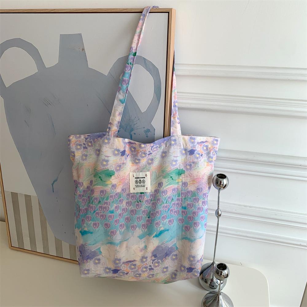 Pink Floral Canvas Tote Bag With Soft Cotton Material And Trendy Street Fashion