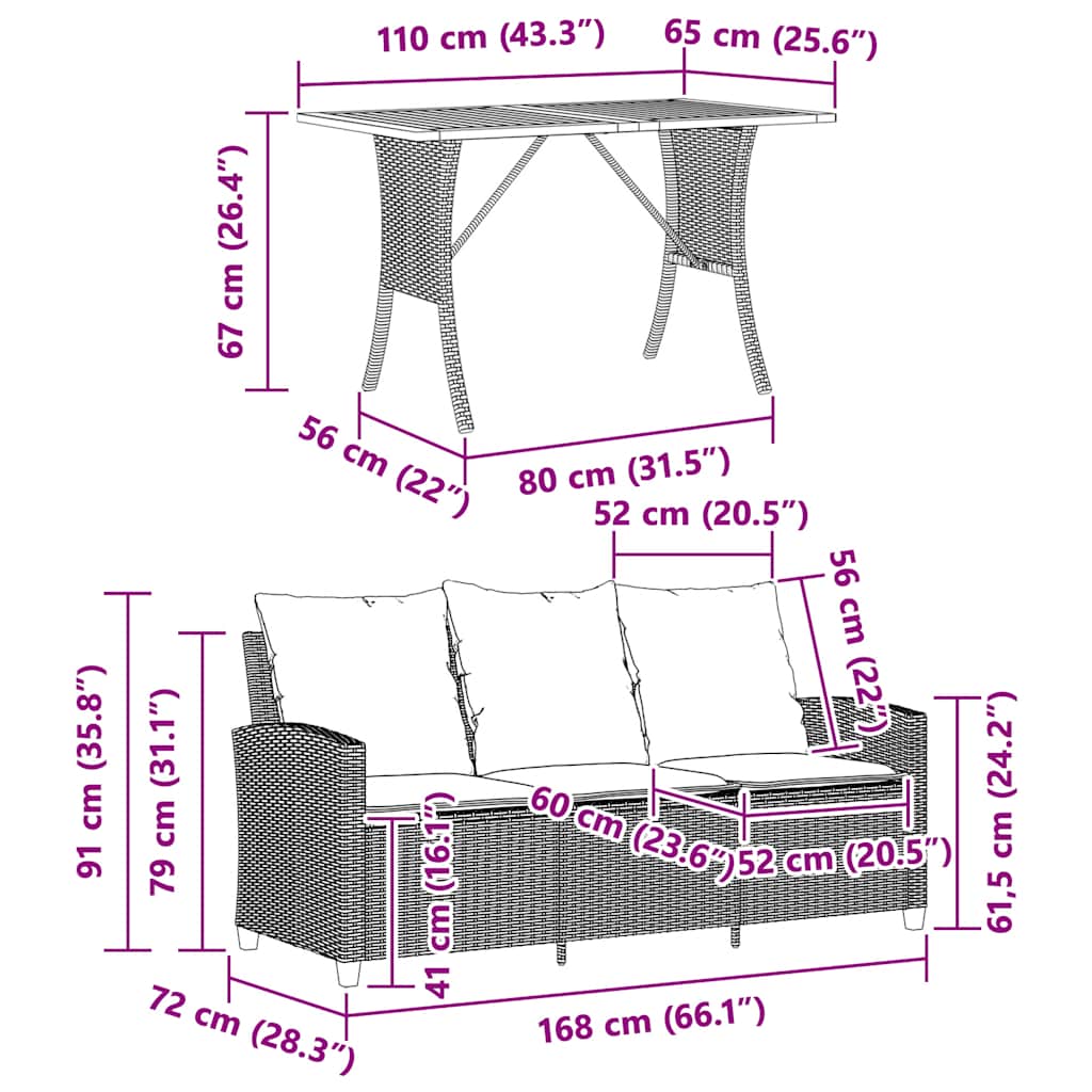 3 Seater Garden Sofa with Cushions & Table Black Poly Rattan