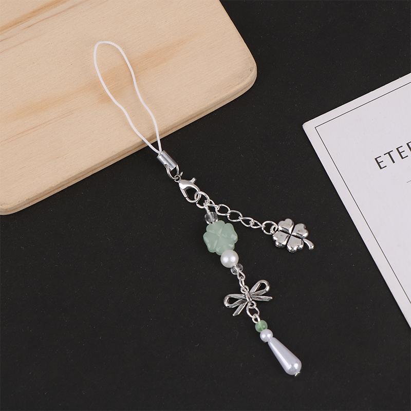 Stylish Keychain Lanyard Handcrafted Beads Phone Pendant Four Leaf Clovers Phone Chain Beads Pendant