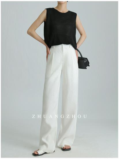 2026 Summer High-Waisted Wide-Leg Cotton Linen Pants White Casual Old Money Style Women