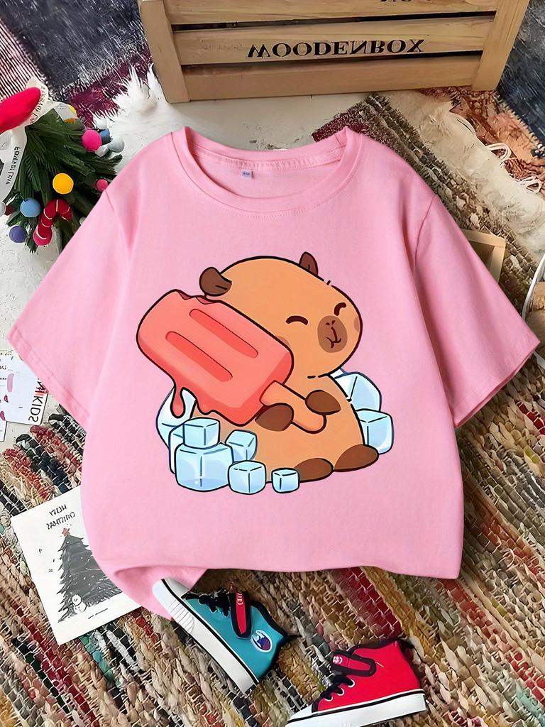 Cute Popsicle Capybara Cartoon Boys Girls Short Sleeve Tee Parent Match Soft Cotton Kids Summer Daily Casual Fashion T Shirts