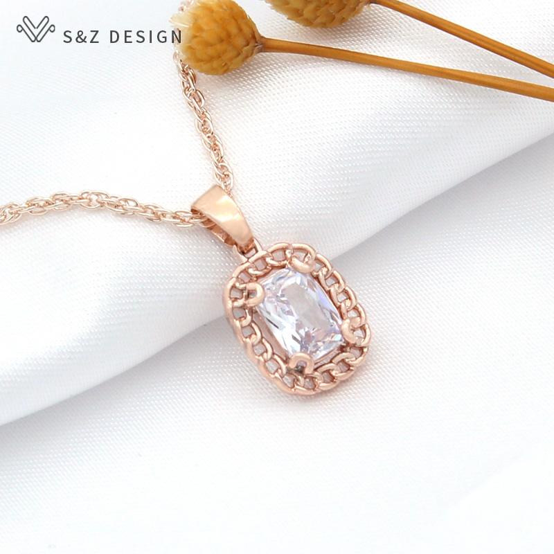 Модные милые серьги цвета розового золота, прямоугольные серьги с кубическим цирконием, комплекты ювелирных изделий для женщин, праздничное ожерелье с подвеской