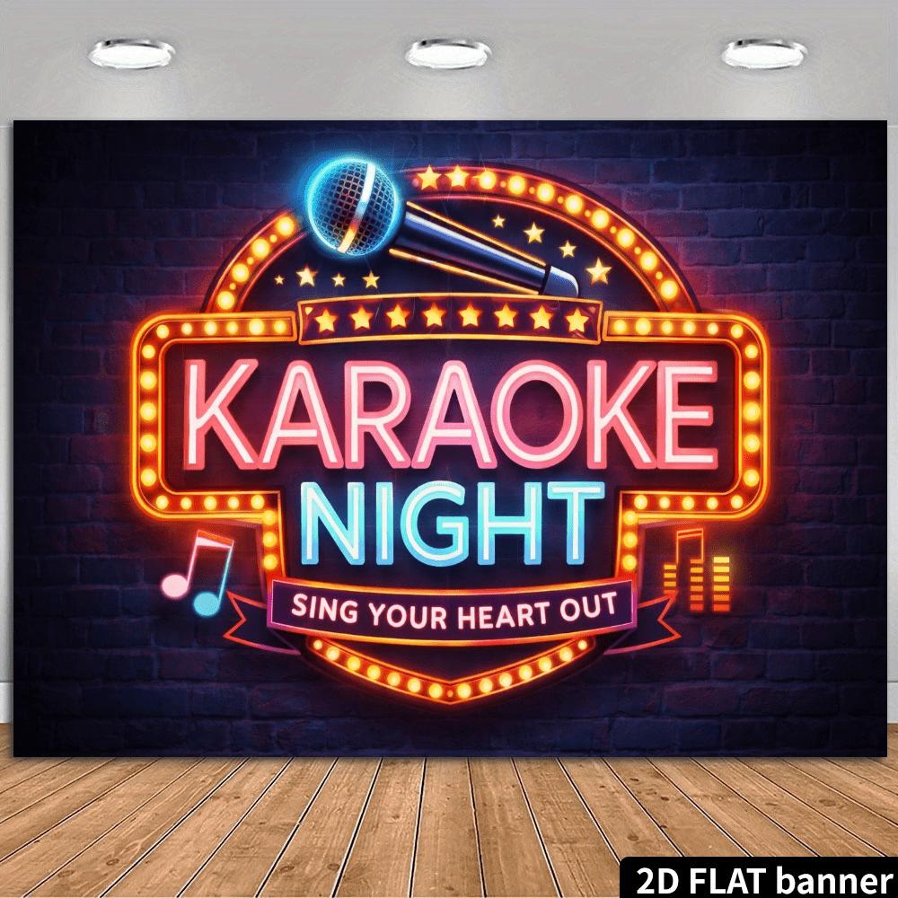 2D retro karaoke night flag background  neon effect microphone and scattered star recording pattern