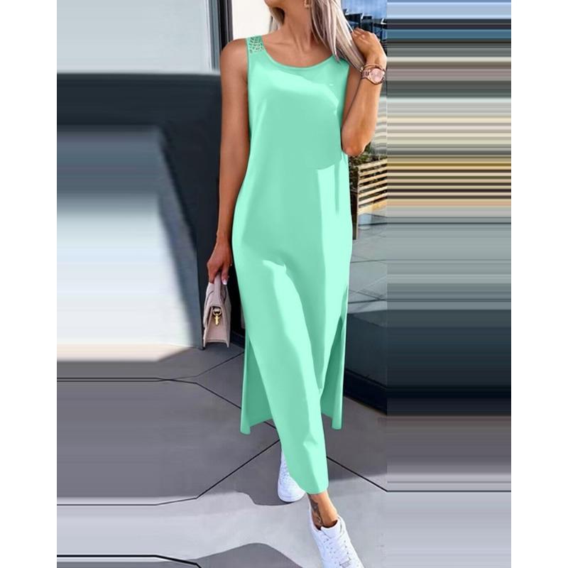 VEZFAA Женская мода лето весна однотонный принт без рукавов с круглым вырезом повседневные платья