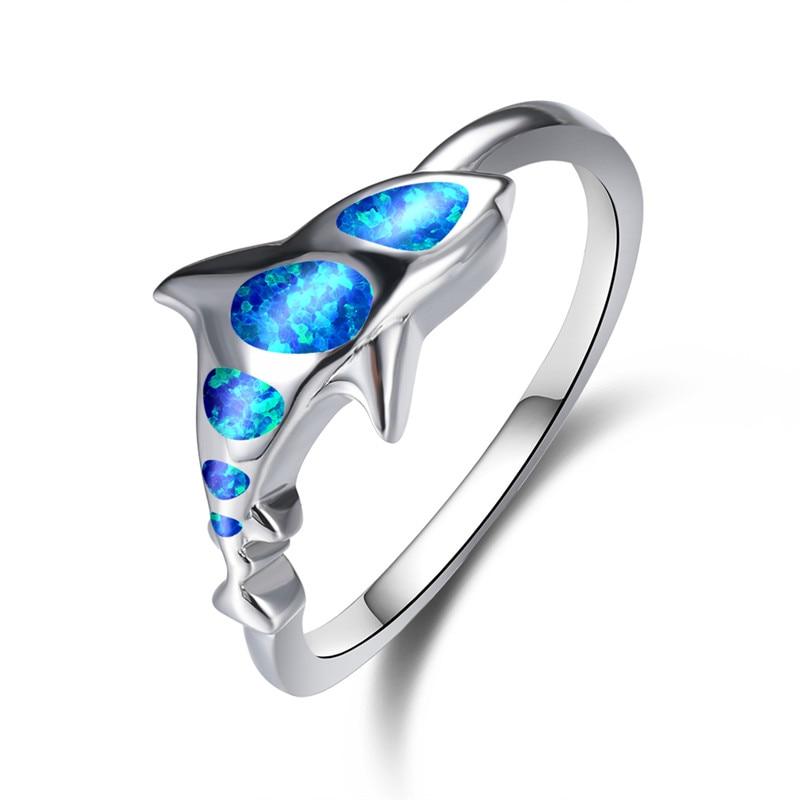 Cute Shark Blue Fire Opal Rings Bridal Wedding Occasion Jewelry Classic Vintage Stylish Fashionable  Color Animal Women Rings
