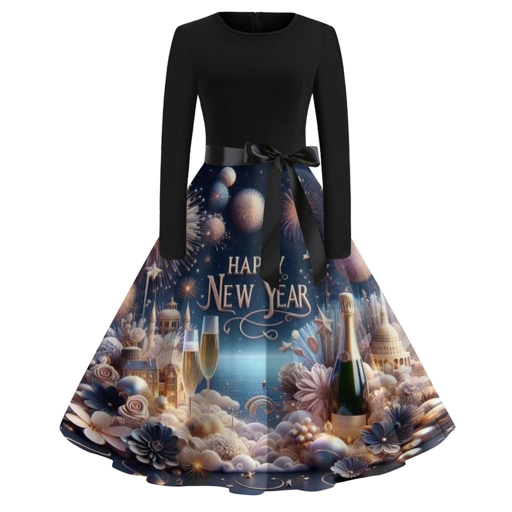 Женское повседневное модное платье с круглым вырезом и длинным рукавом с новогодним принтом в ретро-стиле