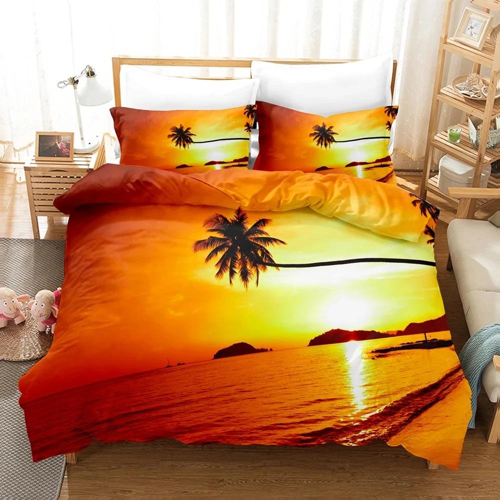 Goldon Sunset Bedding Collection Tropical Beach Holiday Duvet Cover Collection Girl Bed Cover Collection Sunrise Quilt Cover Pillowcase Single Double