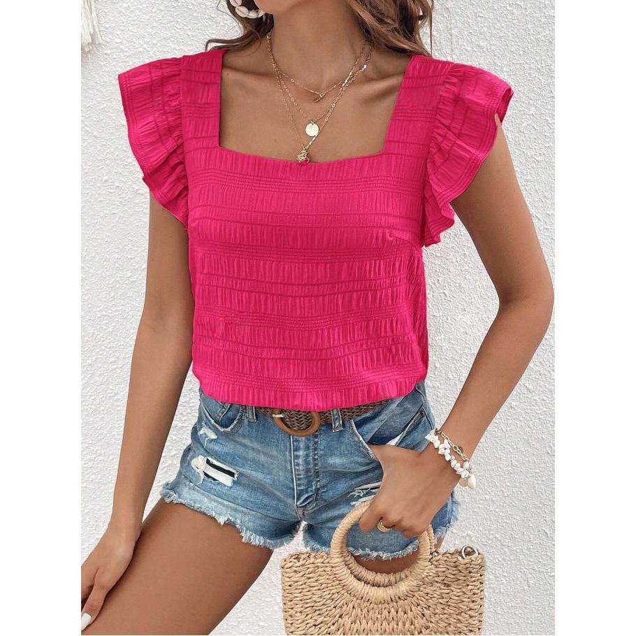 Женская футболка Летняя Повседневная с коротким рукавом Весенне-летняя Новинка Квадратный вырез Рубашка с рюшами Топ