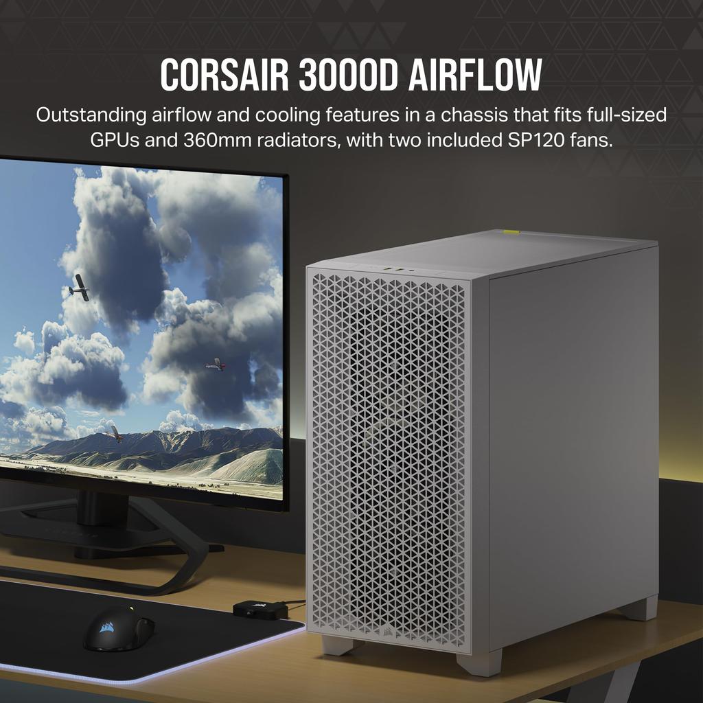 Корпус ПК CORSAIR 3000D TG AIRFLOW White с 2 вентиляторами 120 мм Mid Tower ATX, белый CC-9011252-WW