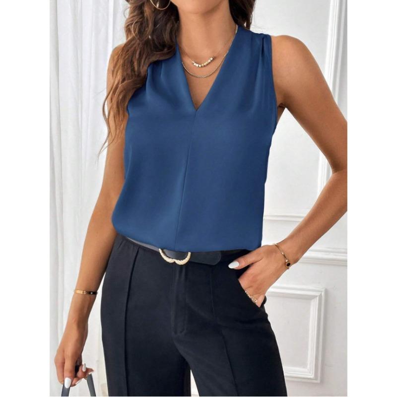 Женская мода новый без рукавов V-образный вырез свободный однотонный жилет топ