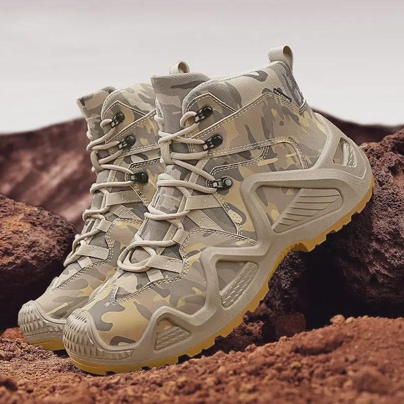 Men's Camouflage Oxford Waterproof Tactical Boots - Non-Slip, Large Size (45, 46) for Outdoor Rock Climbing & Hiking.