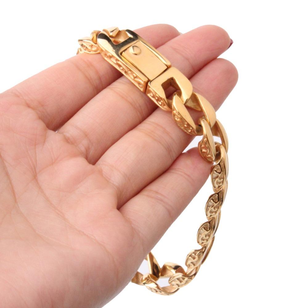 Arrive Fashion Jewelry Stainless Steel Gold Color Cuban Curb Chain Mens Boys Bracelet Bangle 12mm