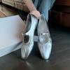 Cowhide Version~ Leather Pleated Silver Light Mouth Single Shoes Women's Flat 2025 New Spring French Mary Jane Women's Shoes