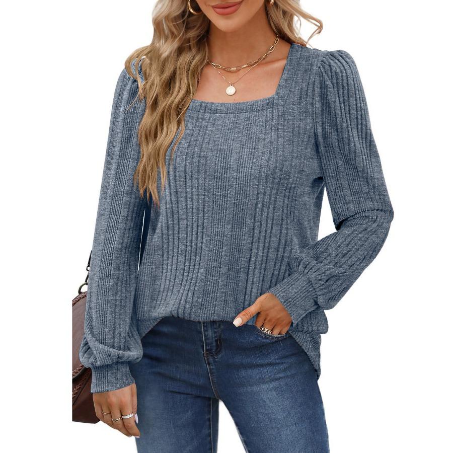 Fashion Autumn Winter Women's Rib Knit Square Neck T Shirt Casual Solid Long Sleeve Top