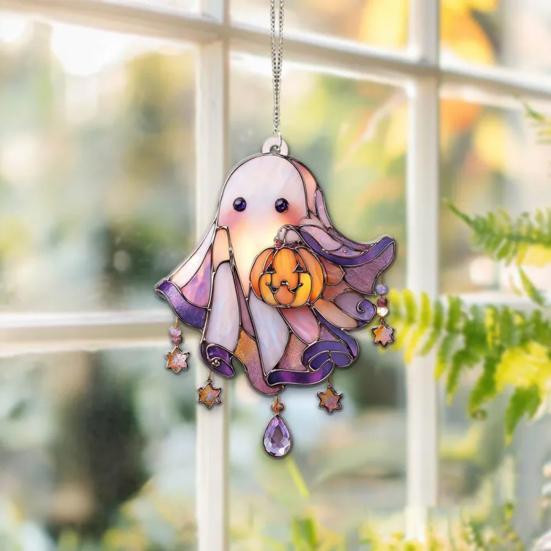 Cute Acrylic Ghost Suncatcher with Pumpkin Stained Glass Window Hanging Decor Halloween Wall Art Panel with Chain for Indoor Home Kitchen Decor