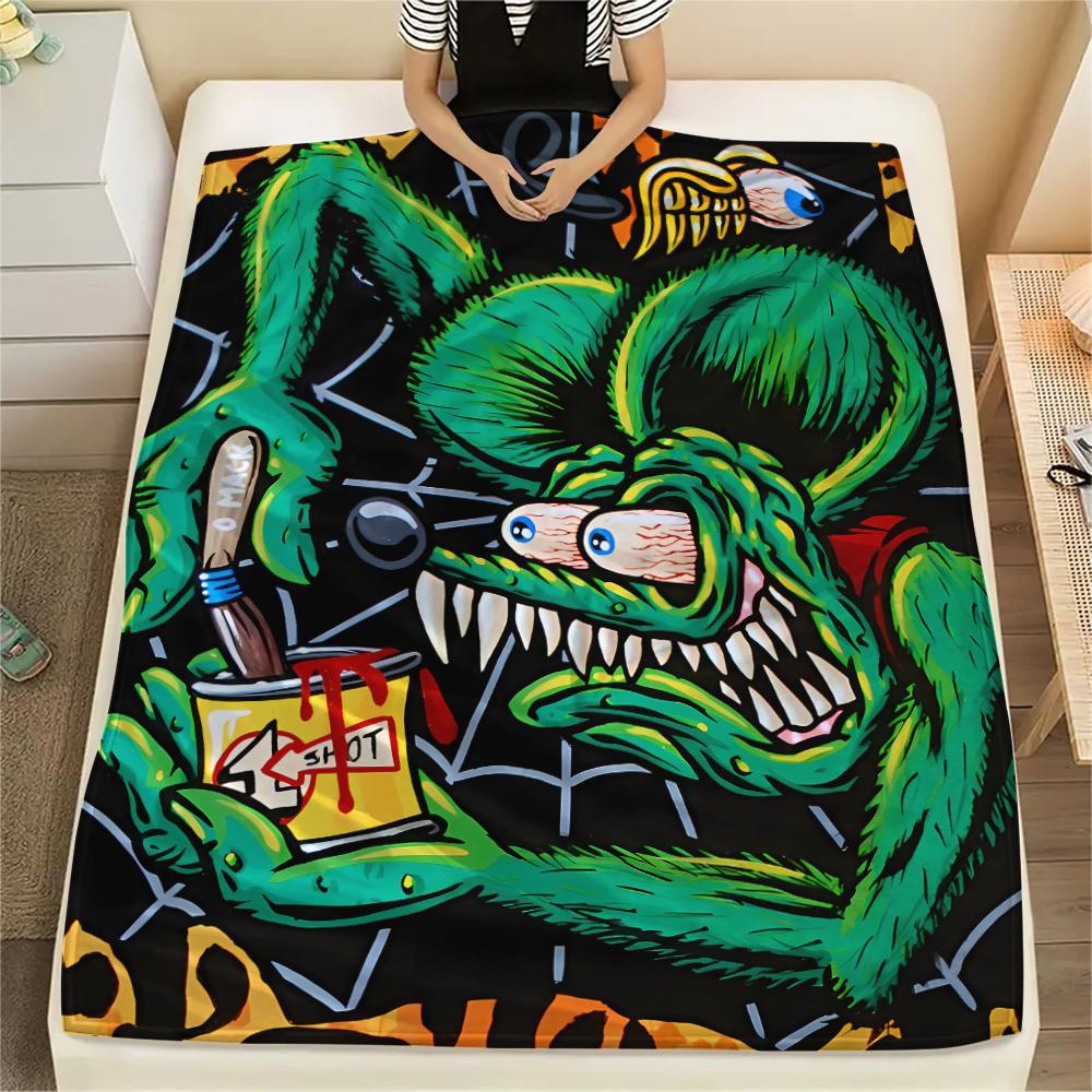 1 шт. Фланелевое одеяло с принтом Rat Fink, Высококачественное, Для всех сезонов, Декор для дома, Тепло и уют, Идеально для рождественских подарков