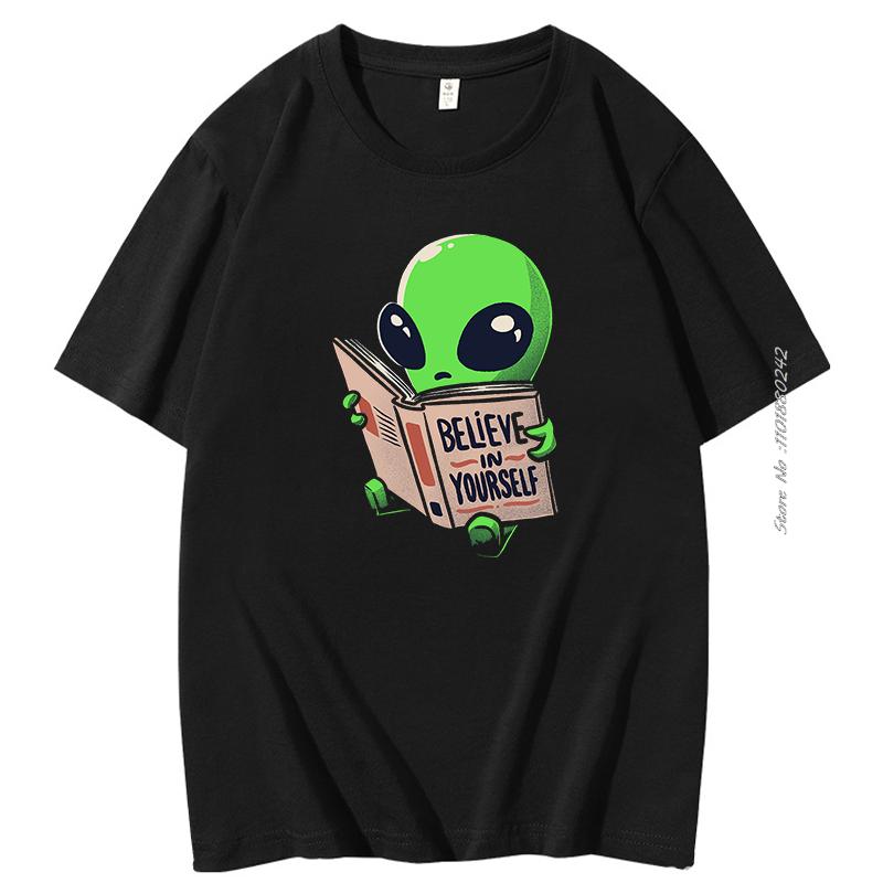 Believe In Yourself Alien Is Reading Graphic Tshirt Unisex Soft Casual Tops Unisex Oversized Funny Short Sleeve Cotton Tshirt
