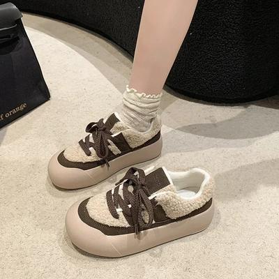 Модные женские ботинки на шнуровке с цветными блоками на толстой подошве 2025 года, зимние новинки, теплые повседневные хлопковые ботинки с плюшем на шнуровке