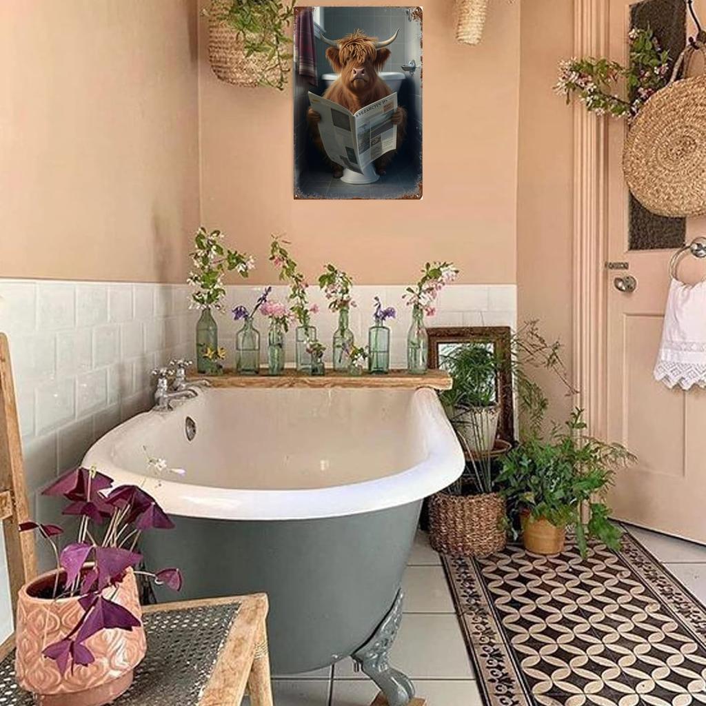 Забавная ванная комната, юмористический декор в виде животных, медведь, собака, тигр, сидящий на унитазе, читающий плакат, художественная металлическая жестяная вывеска, табличка для туалета, дома