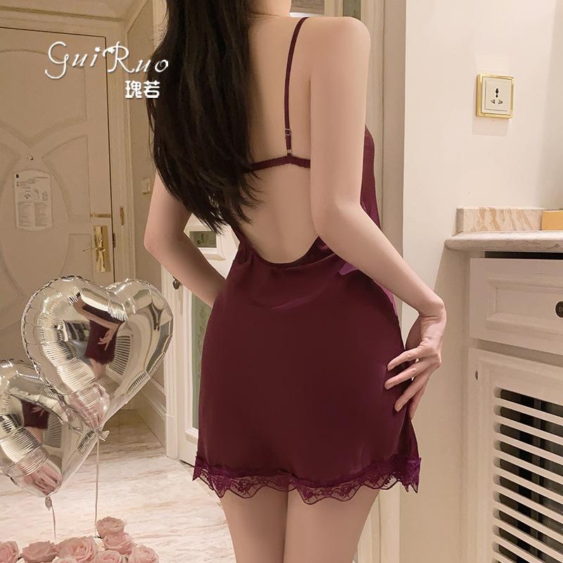 Women's Silky Satin Deep V Push Up Padded Sleep Dress Lounge Set