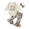 Baby Girls Fall Outfit, Cow Print Long Sleeve Romper with Flare Pants and Bowknot Headband Clothing Set