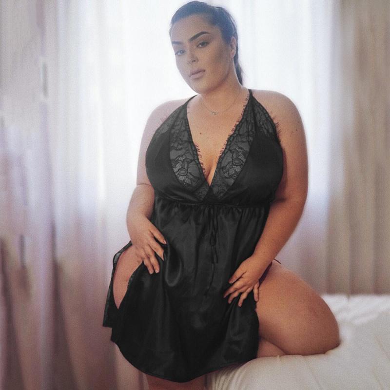 Плюс размер модные женские пижамы с глубоким V-образным вырезом на бретельках ночные рубашки-спагетти кружевное нижнее белье платье