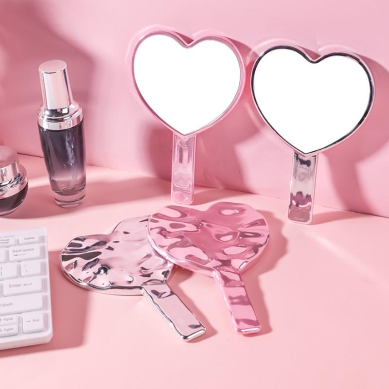 Portable Ins Liquid Shape Heart Mirror Handheld Desktop Cosmetic Mirror Makeup Mirror Travel Metallic High Definition Mirror