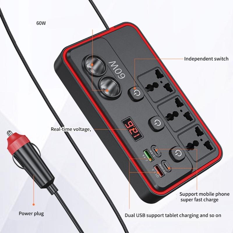 Автомобильный инвертор мощности 150 Вт с двойным портом USB и Type-C для зарядки ноутбука, телефона от DC12V 24V до AC110-220V Преобразователи