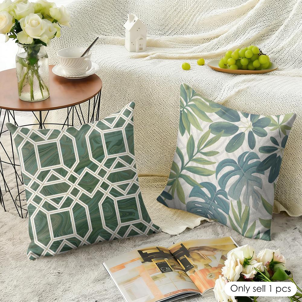 Nordic-Inspired Green Geometric Style Cushion Cover Natural Linen Organic Fabric Printing Breathable Perfect For Home Decor