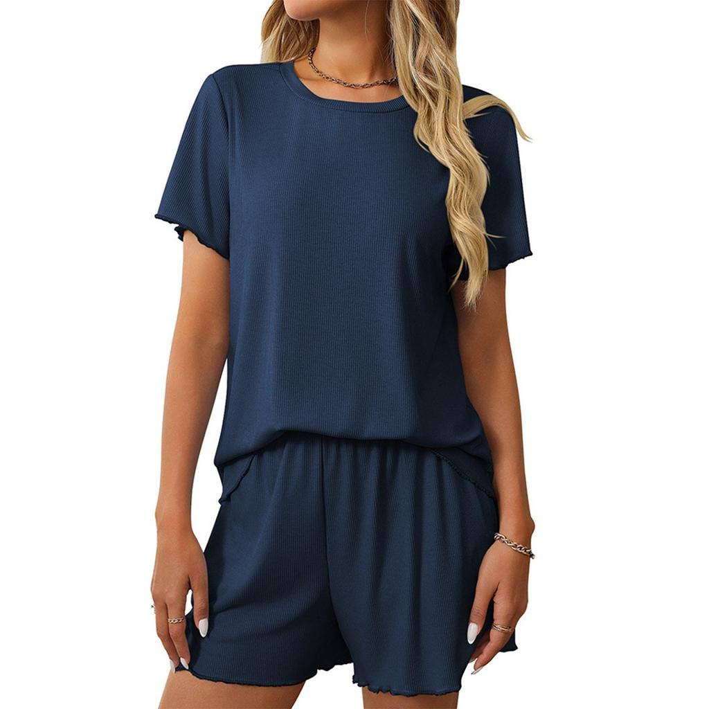 Женская повседневная однотонная пижама с короткими рукавами, шорты, домашняя одежда, комплект из двух предметов