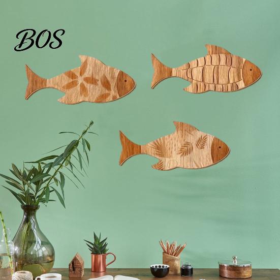 Rustic Ocean Decor 3Pcs/Set Bathroom Fish Wall Decoration, Wooden Art Decoration Sculpture, Nautical Hanging Ornament for Beach Lake House Sea Theme