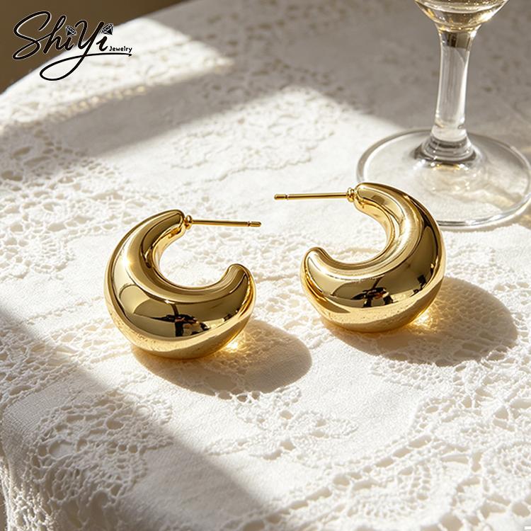 Classic Fashion Jewelry Anti-Tarnish 14K Gold Plated Copper Chunky C-Hoop Earrings Hypoallergenic Thick Hoops Gift