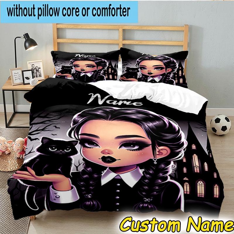 3PCS Custom Name Gothic Addams Bedding Set, Bedding Set Including 1pc Duvet Cover And 2pcs Pillowcases for Bedroom,Dormitory Gift