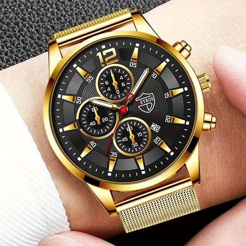 3pcs/set Fashion Men's Sports Stainless Steel Mesh Belt Quartz Watch & Bracelet Neckalce Set