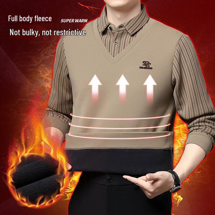 Men's Winter Wool Silk Lapel Two-in-One Sweater with Fleece Lining