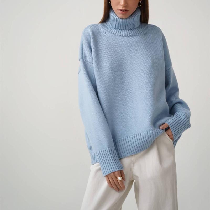 Женский свитер с высоким воротом, осенне-зимний свободный свитер, классический универсальный однотонный женский вязаный свитер-пуловер