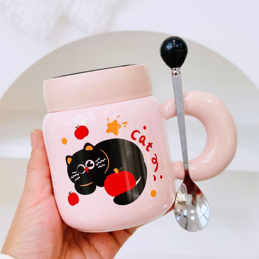 Новый День рождения Непослушный кот Водяная чашка Мультяшная керамическая кружка с крышкой ложкой Мультяшная чашка для питья Подарочный набор Подарочная коробка