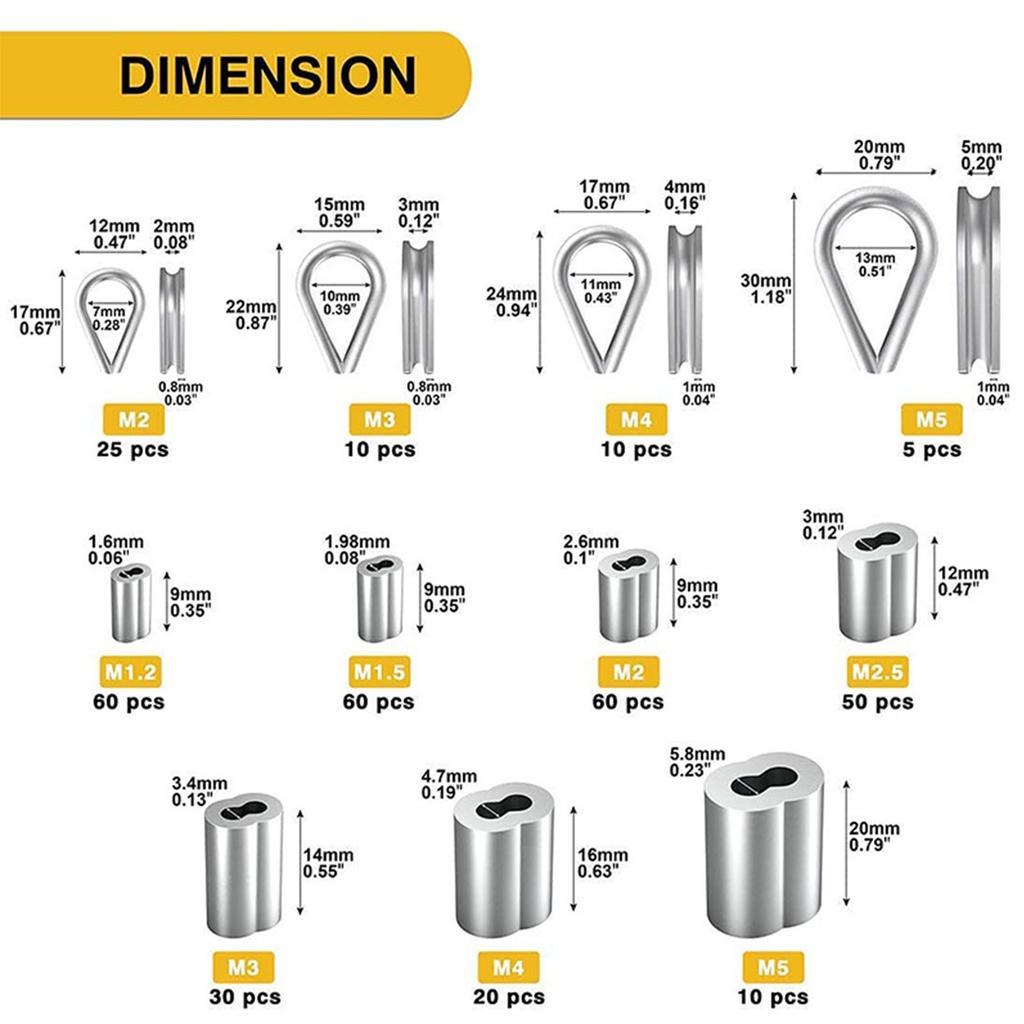 Aluminum Crimping Loop Sleeve 340pcs Cable Ferrule Wire Rope Sleeves Loops Sleeve Assortment Set