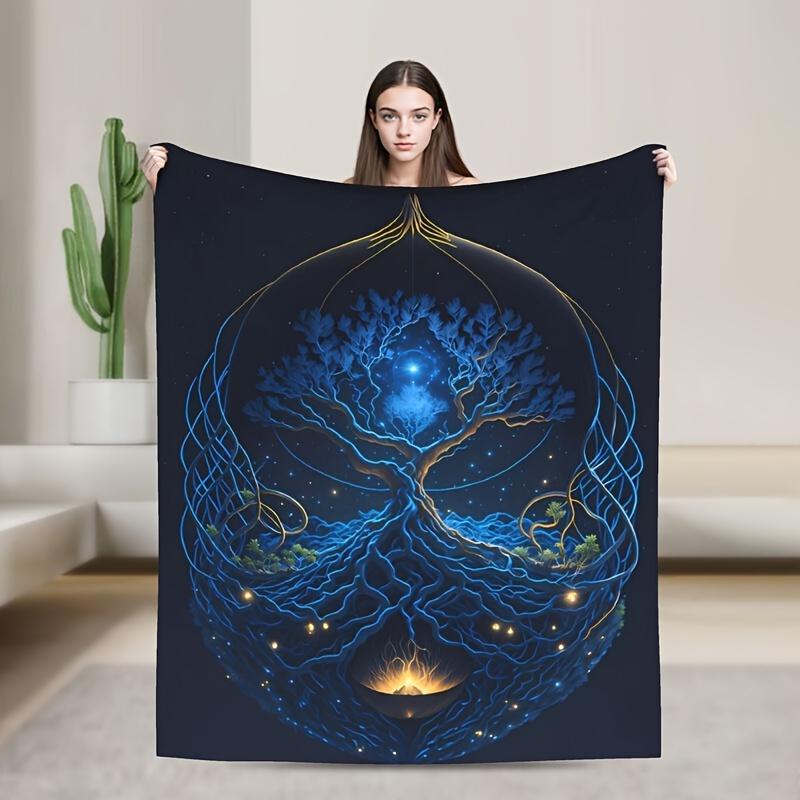 One Piece Blue Tree Pattern Flannel Blanket, Colorful, Soft, Warm, Lightweight, Machine Washable, Knitted, All Season,