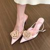 Summer Fashion Silk Rose Flowers Pointed Open Toe Back Strap Sandals Women Red High Heels Wedding Prom Shoes Zapatos Mujer
