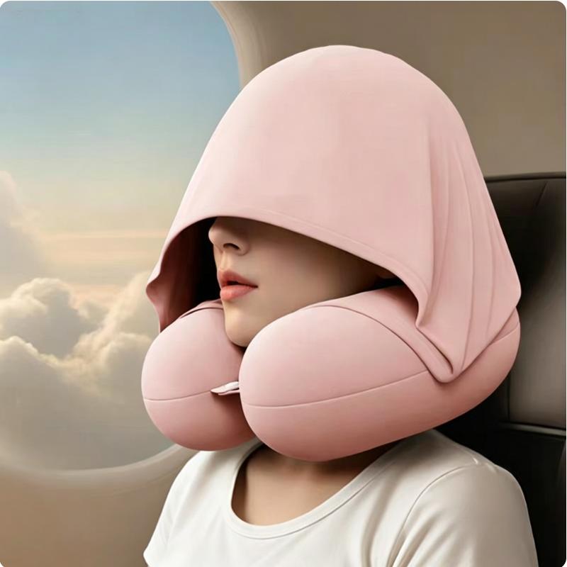 Hooded Ice Silk U-shaped Neck Pillow, Portable Travel Neck Support Pillow for Car Airplane Summer Sleeping