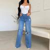 Women's Fashion Ripped Denim Casual Solid Color Print High Waist Trousers Pants & Capris Casual Trousers